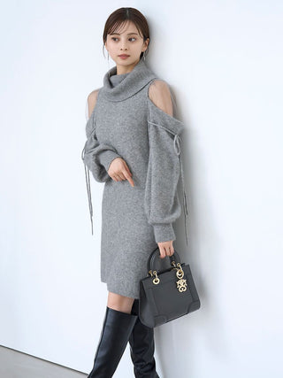 See-Through Shoulder Mini Knit Dress in Gray, Luxury Women's Dresses at SNIDEL USA