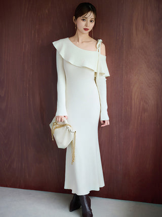 One-Shoulder Maxi Knit Dress in Ivory, Luxury Women's Dresses at SNIDEL USA