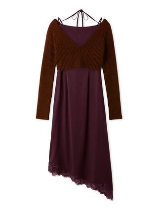 Cropped Knit & Lace-Trimmed Midi Dress in Bordeaux, Luxury Women's Dresses at SNIDEL USA