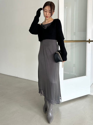 Cropped Knit & Lace-Trimmed Midi Dress in Dark Gray, Luxury Women's Dresses at SNIDEL USA