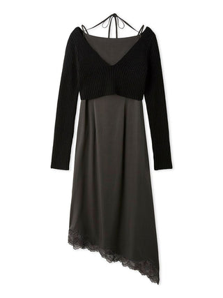 Cropped Knit & Lace-Trimmed Midi Dress in Dark Gray, Luxury Women's Dresses at SNIDEL USA