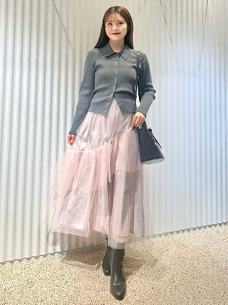 Polo Knit Set With Tulle Midi Skirt in Gray, Premium Fashionable Women's Skirts & Skorts at SNIDEL USA