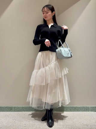 Polo Knit Set With Tulle Midi Skirt in Black, Premium Fashionable Women's Skirts & Skorts at SNIDEL USA