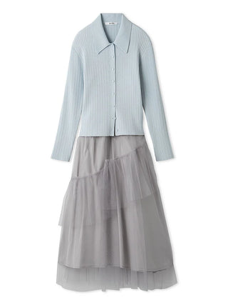 Polo Knit Set With Tulle Midi Skirt in Light Blue, Premium Fashionable Women's Skirts & Skorts at SNIDEL USA