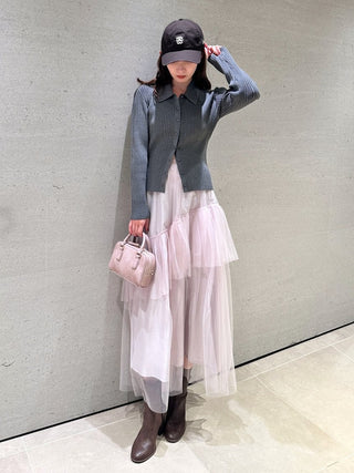 Polo Knit Set With Tulle Midi Skirt in Gray, Premium Fashionable Women's Skirts & Skorts at SNIDEL USA