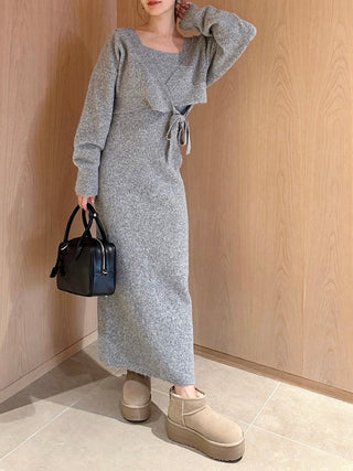 Knit Dress and Wrap Cardigan Set in Gray, Premium Women's Fashionable Cardigans, Pullover at SNIDEL USA