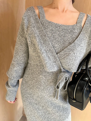 Knit Dress and Wrap Cardigan Set in Gray, Premium Women's Fashionable Cardigans, Pullover at SNIDEL USA