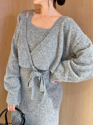 Knit Dress and Wrap Cardigan Set in Gray, Premium Women's Fashionable Cardigans, Pullover at SNIDEL USA