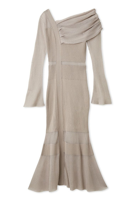 Sheer Blocking One-shoulder Dress IN GRAY BEIGE, Luxury Women's Dresses at SNIDEL USA.