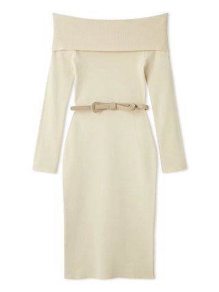 Off-Shoulder Belted Knit Dress in Ivory, Luxury Women's Dresses at SNIDEL USA