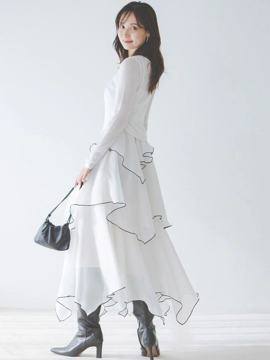 Sheer Asymmetric Hem Knit Combo Dress 1(MEDIUM) / LIGHT BLUE