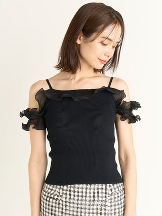 Sustainable Pleated Frill Docking Knit Tops in black, A Premium, Fashionable, and Trendy Women's Tops at SNIDEL USA
