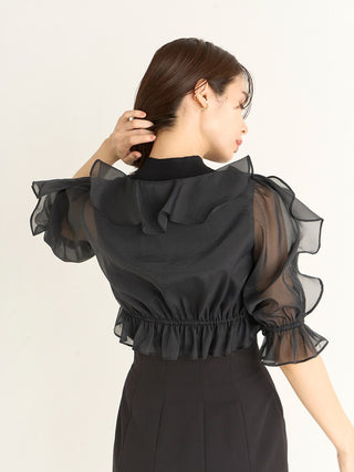 Frilled Layered Blouse and Sleeveless Knit Tops Set in black, A Premium, Fashionable, and Trendy Women's Tops at SNIDEL USA