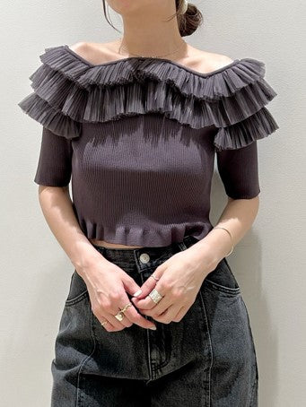 Sustainable Tulle Volume Ruffle Knit Top