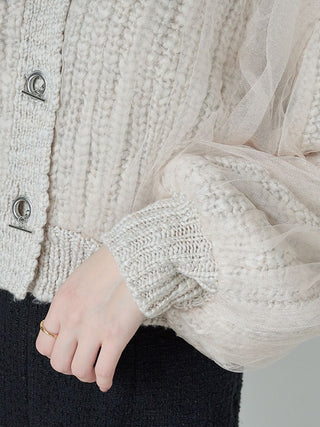 Cozy Cable-Knit Tulle Puff Sleeve Cardigan