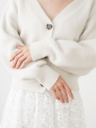 Fox Fur Off Shoulder Semi Cropped Cardigan in Ivory, Premium Fashionable Women's Tops Collection at SNIDEL USA