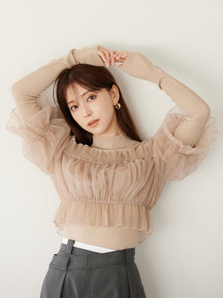 Tulle Docking Knit Pullover in beige, Premium Women's Knitwear at SNIDEL USA.
