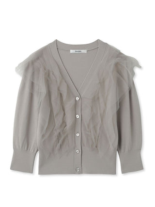 Sustainable Tulle Ruffle Puff Sleeve Cardigan in gray, Premium Fashionable Women's Tops Collection at SNIDEL USA.