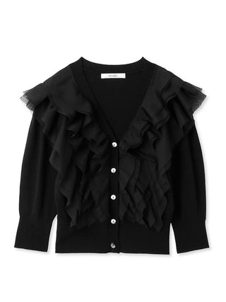 Sustainable Tulle Ruffle Puff Sleeve Cardigan in black, Premium Fashionable Women's Tops Collection at SNIDEL USA.