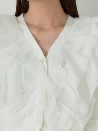 Sustainable Tulle Ruffle Puff Sleeve Cardigan in white, Premium Fashionable Women's Tops Collection at SNIDEL USA.