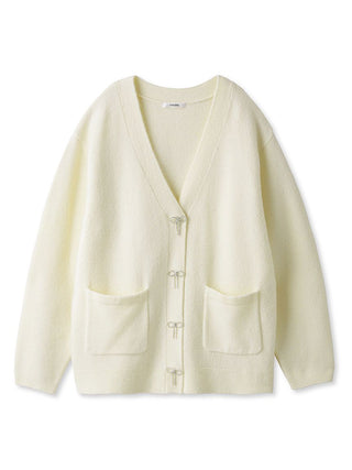 Beaded Ribbon Button Mid Length Cardigan in White, Premium Women's Fashionable Cardigans, Pullover at SNIDEL USA.