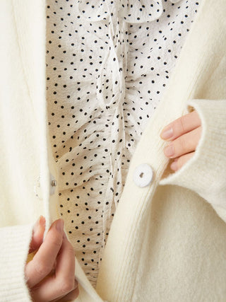 Beaded Ribbon Button Mid Length Cardigan in White, Premium Women's Fashionable Cardigans, Pullover at SNIDEL USA.
