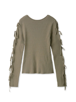 Bow Sleeve Knit Top in Beige, Premium Fashionable Women's Tops Collection at SNIDEL USA.