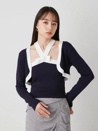 Two-in-One Knit Halter and Long Sleeve Top in Navy Premium Fashionable Women's Tops Collection at SNIDEL USA