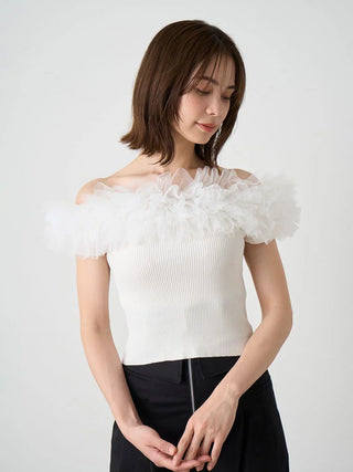 Off-Shoulder Ruffle Neck Knit Top in White at Premium Fashionable Women's Tops Collection at SNIDEL USA