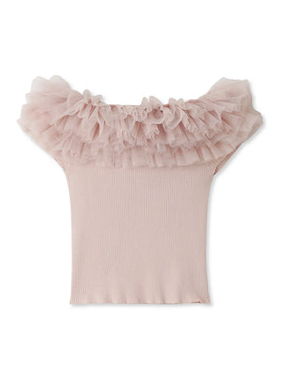Off-Shoulder Ruffle Neck Knit Top in Pink Beige at Premium Fashionable Women's Tops Collection at SNIDEL USA
