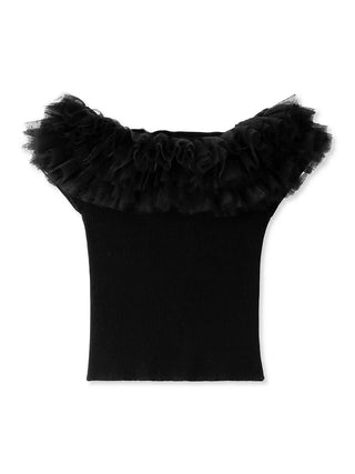 Off-Shoulder Ruffle Neck Knit Top in Black at Premium Fashionable Women's Tops Collection at SNIDEL USA