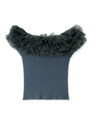 Off-Shoulder Ruffle Neck Knit Top in Dark Blue at Premium Fashionable Women's Tops Collection at SNIDEL USA