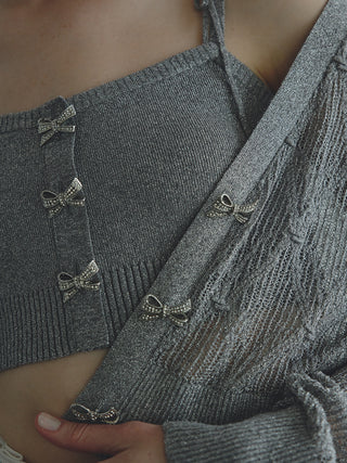 Sparkly Bow Detail Tie-Strap Knit Crop Top in Gray at Premium Fashionable Women's Tops Collection at SNIDEL USA