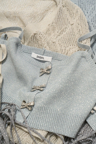 Sparkly Bow Detail Tie-Strap Knit Crop Top in Light Blue at Premium Fashionable Women's Tops Collection at SNIDEL USA