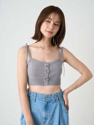 Sparkly Bow Detail Tie-Strap Knit Crop Top in Gray at Premium Fashionable Women's Tops Collection at SNIDEL USA