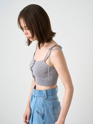 Sparkly Bow Detail Tie-Strap Knit Crop Top in Gray at Premium Fashionable Women's Tops Collection at SNIDEL USA