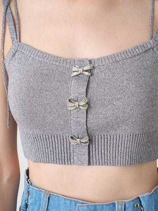 Sparkly Bow Detail Tie-Strap Knit Crop Top in Gray at Premium Fashionable Women's Tops Collection at SNIDEL USA