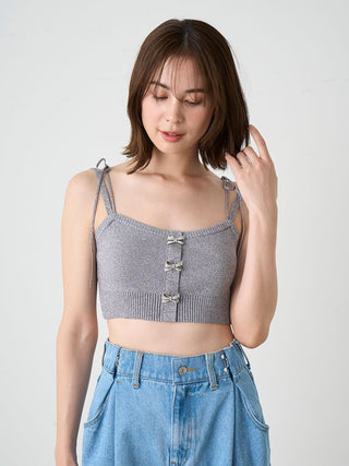 Sparkly Bow Detail Tie-Strap Knit Crop Top in Gray at Premium Fashionable Women's Tops Collection at SNIDEL USA