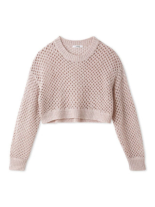 Lamé Mesh Crochet Knit Crop Top in PINK, Premium Fashionable Women's Tops Collection at SNIDEL USA.