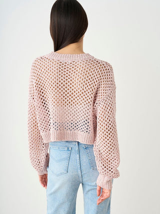 Lamé Mesh Crochet Knit Crop Top in PINK, Premium Fashionable Women's Tops Collection at SNIDEL USA.