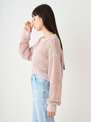 Lamé Mesh Crochet Knit Crop Top in PINK, Premium Fashionable Women's Tops Collection at SNIDEL USA.