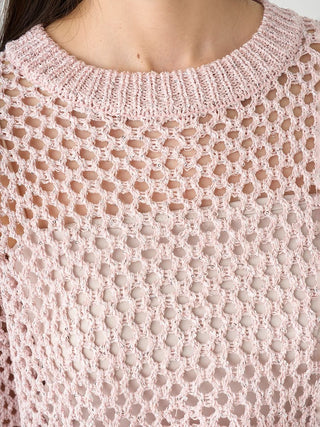 Lamé Mesh Crochet Knit Crop Top in PINK, Premium Fashionable Women's Tops Collection at SNIDEL USA.