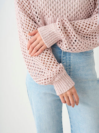 Lamé Mesh Crochet Knit Crop Top in PINK, Premium Fashionable Women's Tops Collection at SNIDEL USA.