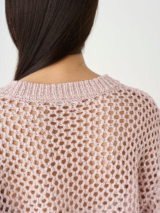 Lamé Mesh Crochet Knit Crop Top in PINK, Premium Fashionable Women's Tops Collection at SNIDEL USA.