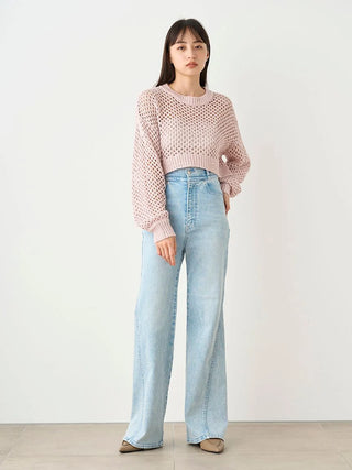 Lamé Mesh Crochet Knit Crop Top in PINK, Premium Fashionable Women's Tops Collection at SNIDEL USA.