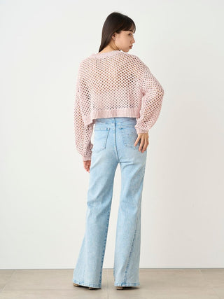 Lamé Mesh Crochet Knit Crop Top in PINK, Premium Fashionable Women's Tops Collection at SNIDEL USA.