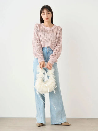 Lamé Mesh Crochet Knit Crop Top in PINK, Premium Fashionable Women's Tops Collection at SNIDEL USA.