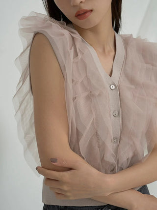 Sleeveless Ruffled Crop Blouse in PINK BEIGE, Premium Fashionable Women's Tops Collection at SNIDEL USA.