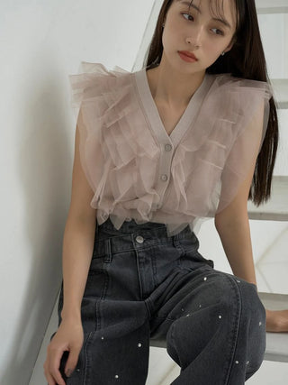 Sleeveless Ruffled Crop Blouse in PINK BEIGE, Premium Fashionable Women's Tops Collection at SNIDEL USA.