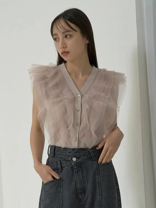 Sleeveless Ruffled Crop Blouse in PINK BEIGE, Premium Fashionable Women's Tops Collection at SNIDEL USA.